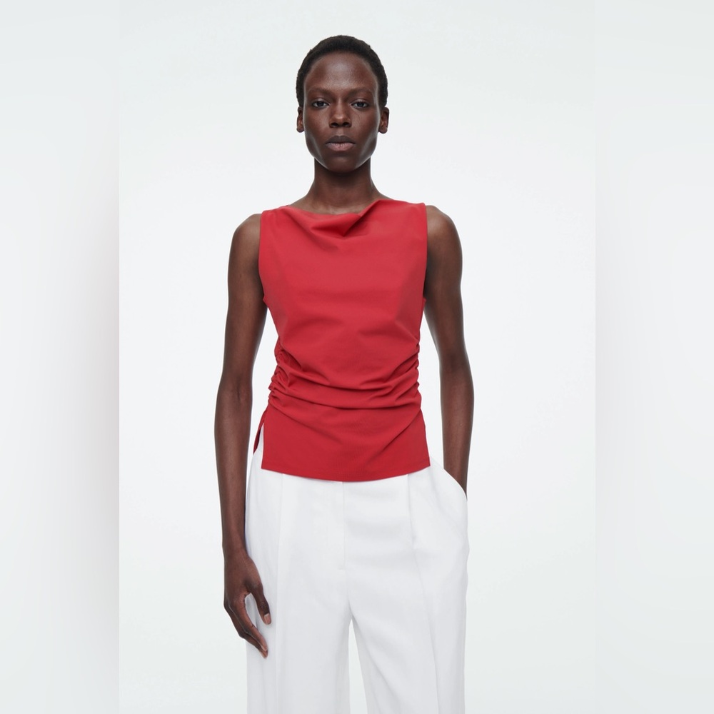 COS Cowl-Neck Gathered Sleeveless Top